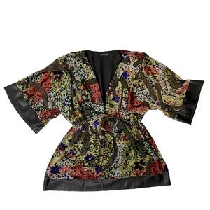 Ecologie Plunge Neck Empire Waist Multicolored Wide Sleeve Tie Waist Blouse XL